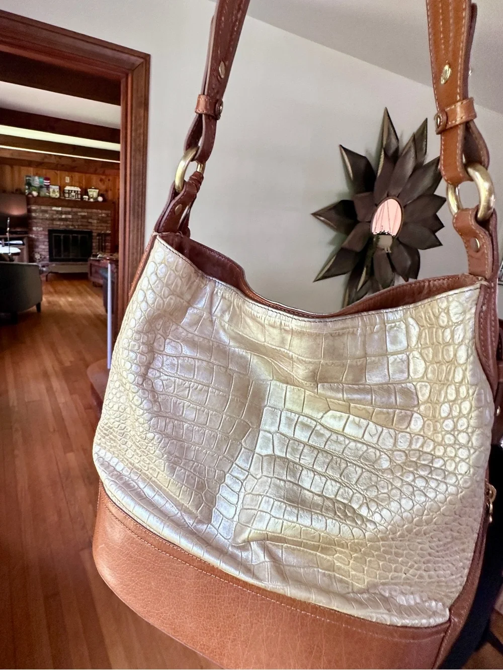 Vintage Brahmin Metallic Croc-Embossed Hobo Bag in Light Gold & Brown Leather